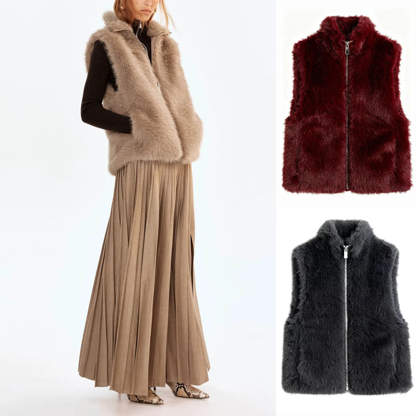 

Soft Furry Fabric Vest Women's Design Autumn New Arrival Sleeveless Stand Collar Short Zipper Polyester Fiber 100%