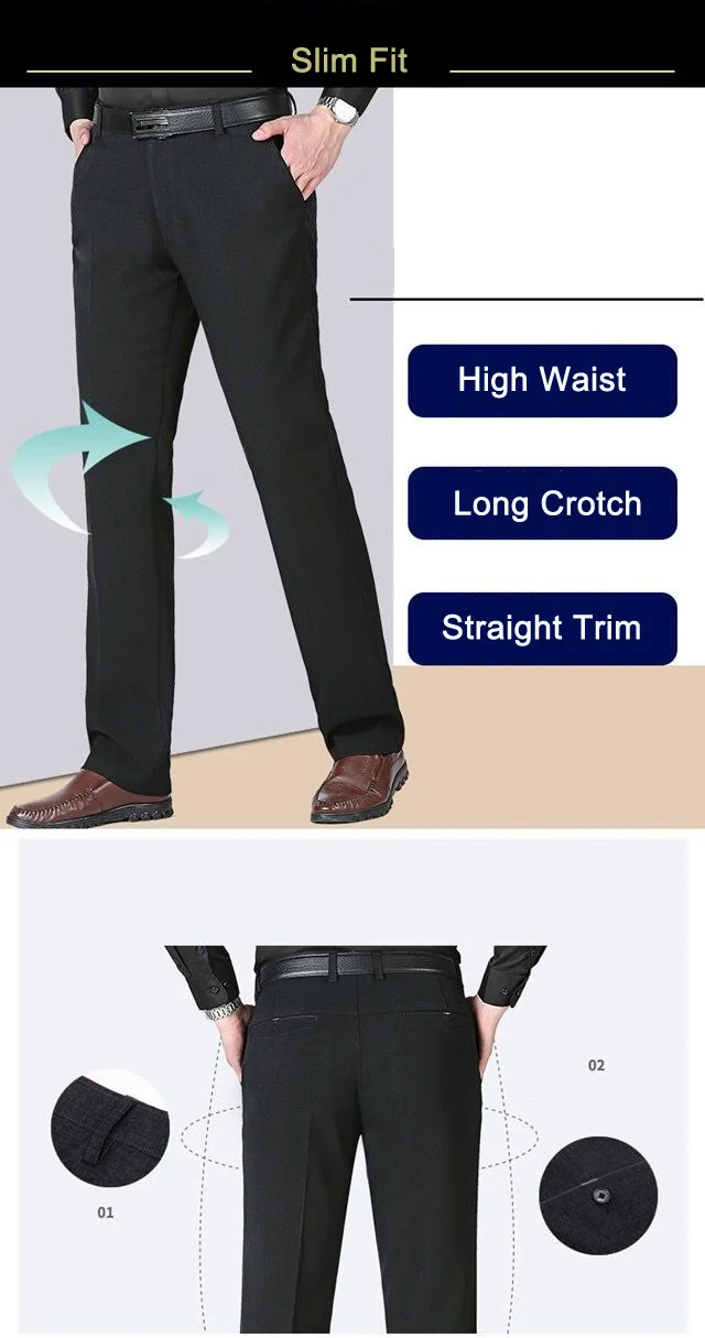 Herren Business-Anzughose, Casual, Mittellange, Weiche, Gepflegte Marken-Arbeitshose, Gerade Passform, Schwarz/Grau, Große Größen 28-40 – Detail 5