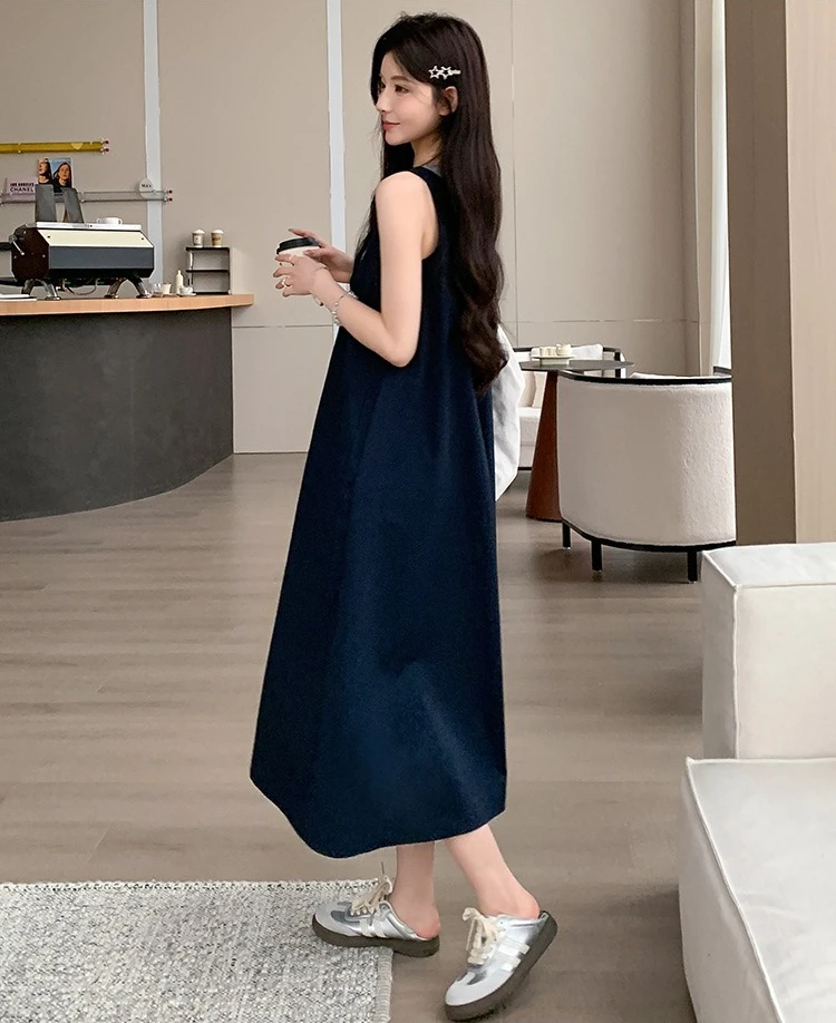 Maternity Dress Summer Blue Fake Two Piece Sleeveless Dress Minimalist Versatile for Pregnant Women 2026 Casual Loose