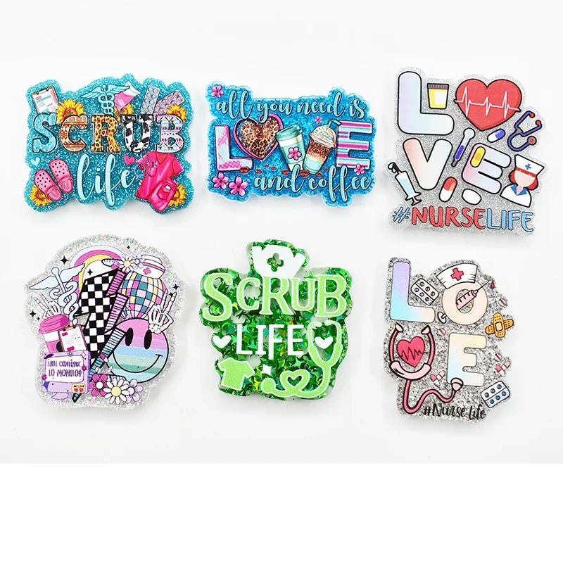 10PCS Scrub Nurse Life Love Glitter Acrylic Charms Pendant Fit DIY ID Card Badge Holder Jewelry Making Hospital Worker Gift