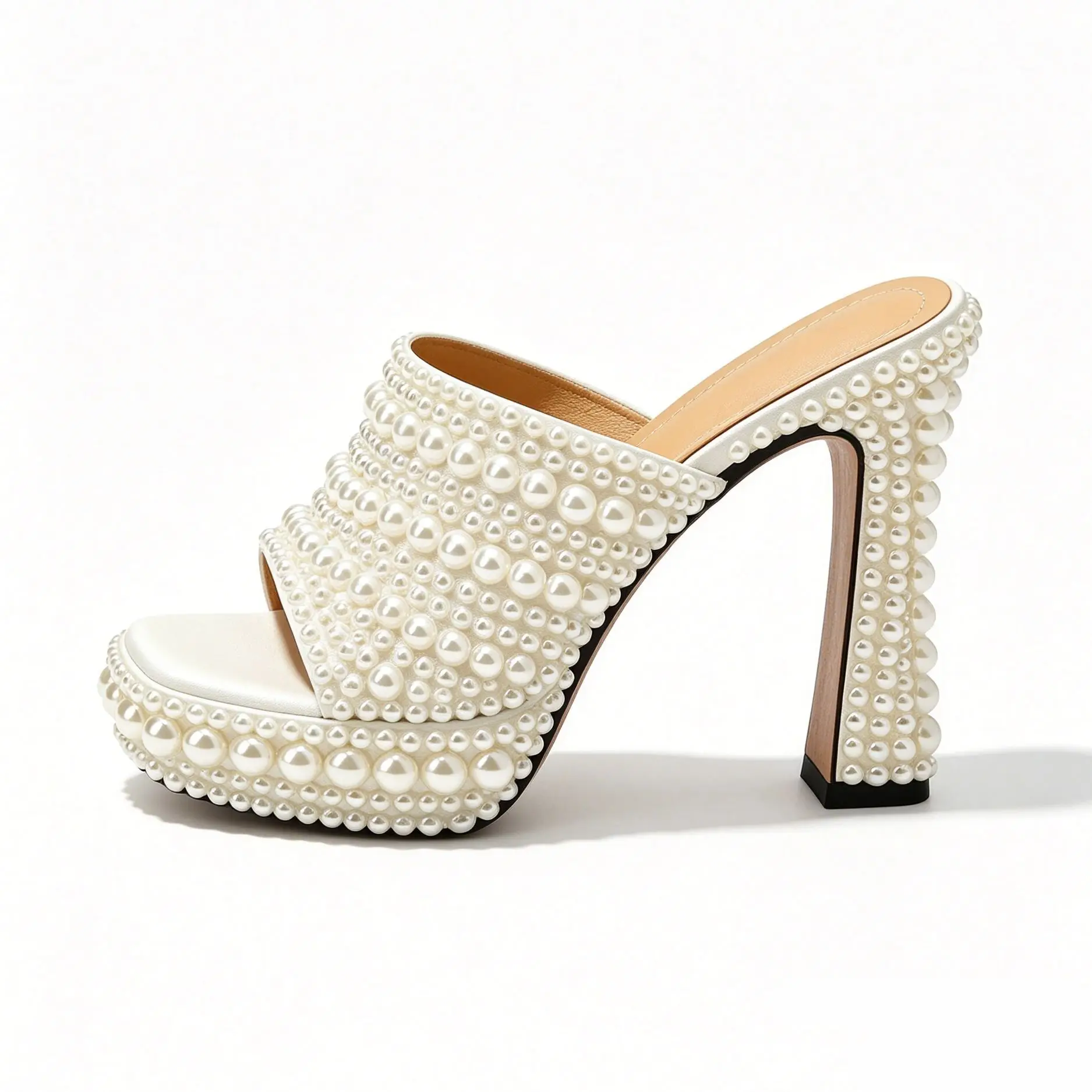 white waterproof platform high-heeled sandals for women, chunky heel silk fish-mouth pearl banquet shoes, sandals for outerwear
