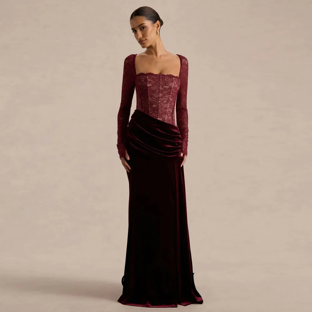 

CUYUN Customized Lace Luxury Velvet Evening Dresses Burgundy Long Sleeves Backless Wedding Elegant Party Dress Long Prom Gown