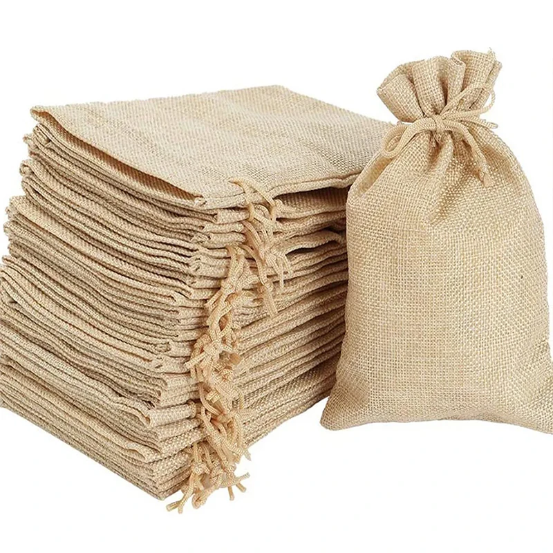 10/5Pcs/Lot Nature Drawstring Burlap Bag Jute Gift Bags Multi-size Jewelry Packaging Wedding Candy Bags 100pcs Can Custom Logo