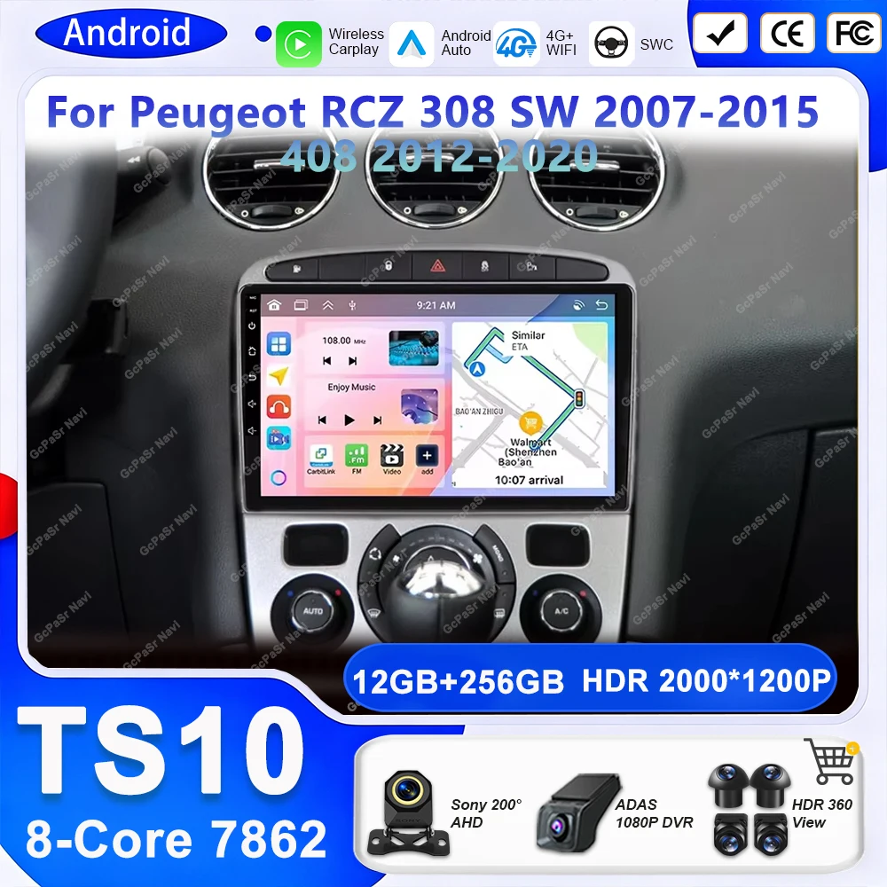 Radio para Auto Android 16 para Peugeot RCZ 308 SW 2007-2015 408 2012-2020 CarPlay inalámbrico Android Auto Navegación Multimedia