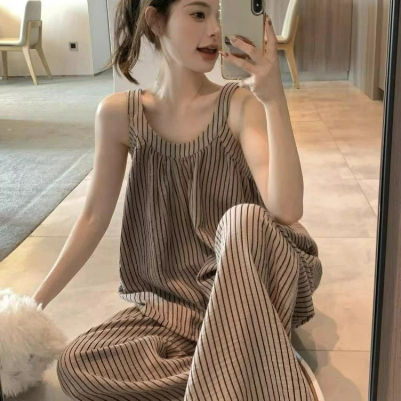 Suspender Pajamas Women's Summer Trousers Korean Version Temperament Simple Casual Striped Cloud Cotton Loungewear Two-piece Set