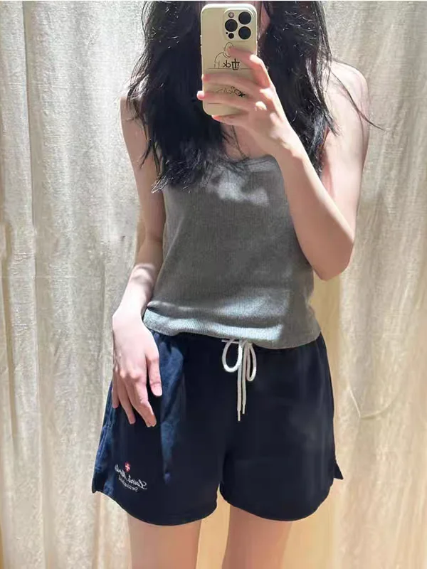 캐주얼 스트레이트 레그 팬츠 자수 아메리칸 레터링 블루 반바지 여성용 하이 웨이스트 코튼 바지 통근 스타일