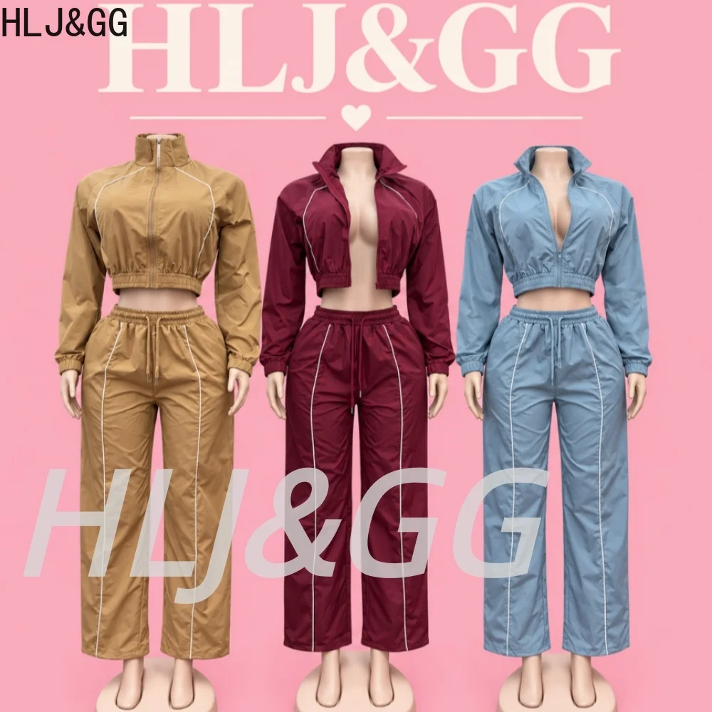 Conjunto Deportivo de 2 Piezas para Mujer HLJ&GG, Chaqueta Corta con Cierre y Pantalones Anchos con Rayas Laterales, Conjuntos de Dos Piezas, Atuendos Casuales de Otoño