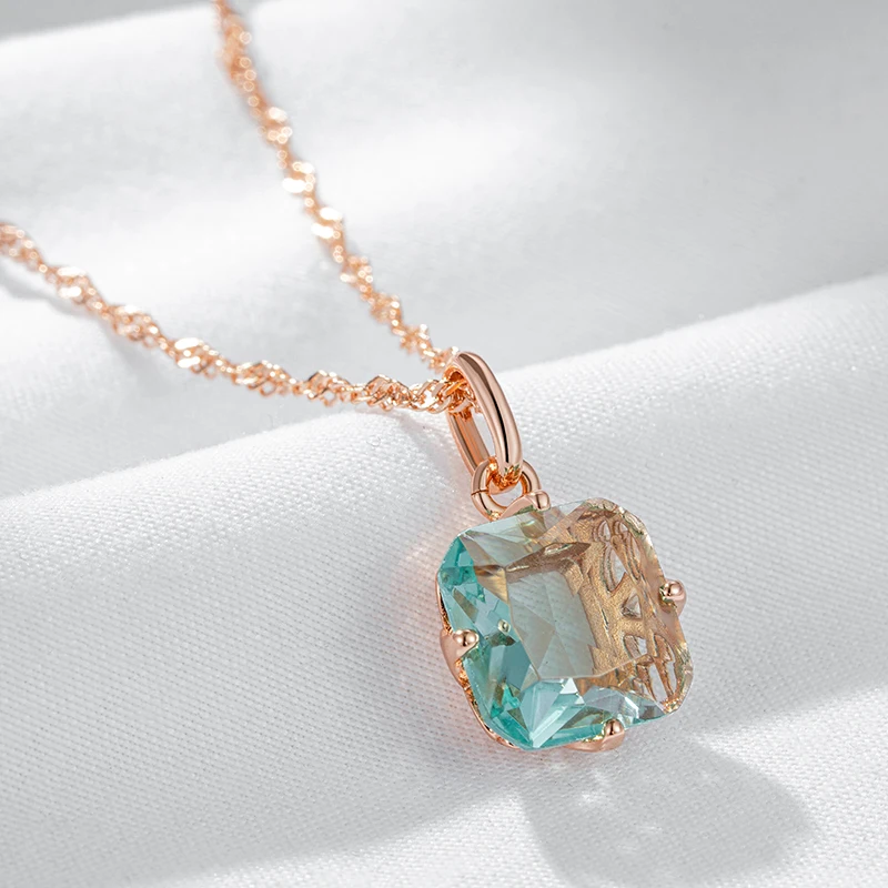 Wbmqda Big Square Light Green Stone Pendant And Necklace For Women 585 Rose Gold Color Fashion Zircon Jewelry Accessories