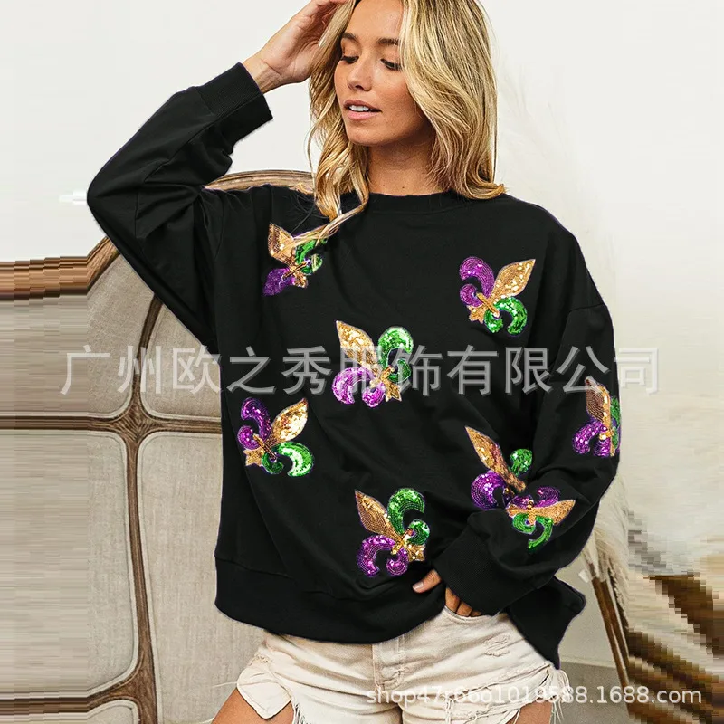 Women's Autumn Spring Top Sweatshirt Knitted Sequins Embroidery Retro Simple Loose Casual Fashion Soft Niche Versatile Skinny