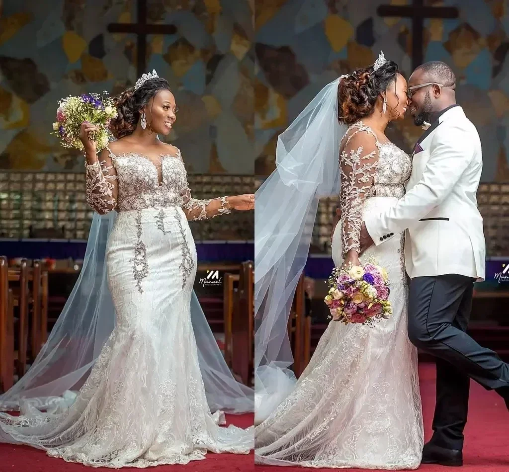 ชุดแต่งงานทรงเมอร์เมดแบบแอฟริกันขนาดพลัสไซส์สั่งตัดได้  ผ้าลูกไม้หรูหราแบบอาหรับ ประดับด้วยลูกปัด  คอทรงโอ  แขนยาวแบบซีทรู  ชุดเจ้าสาว