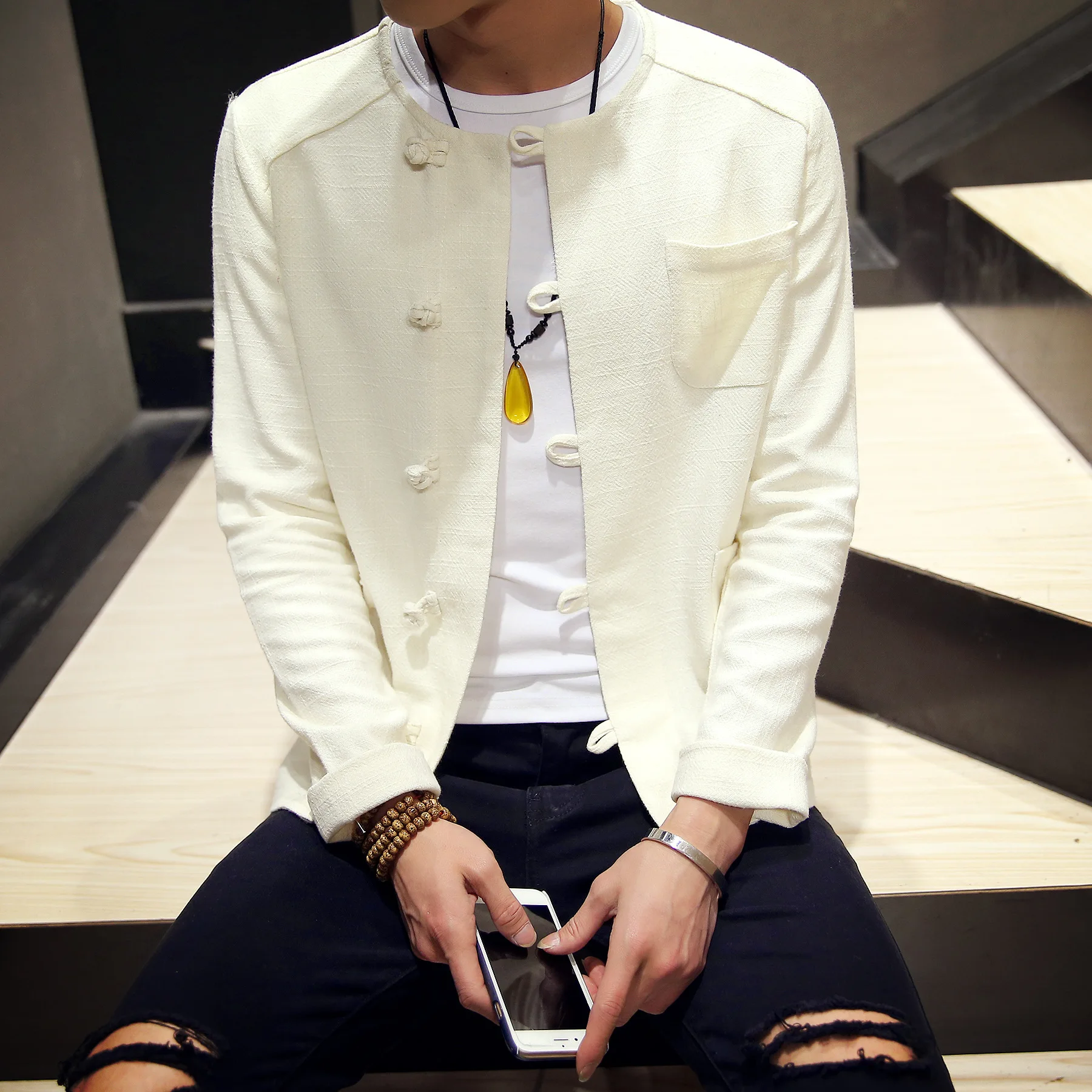 

Linen Men's Jaet Chinese Sle Cotton Linen Button Design Casual Spring Outerwear for Middle-Aged And ly