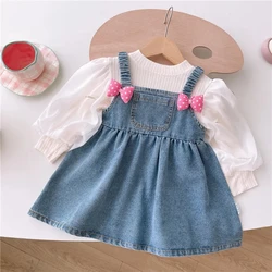 Girls Baby Dress Set Bow Knot Denim Strap Dress Mesh Bubble Sleeve Bottom Shirt 2 Piece Set Children's Clothing Set