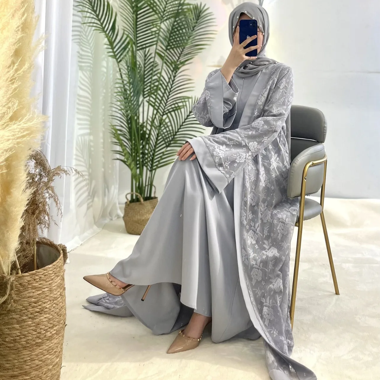 

Oisslec Muslim Dreesses Women Dubai Casual Dress Formal Evening Party Dress Ramadan Gowns Appliques Two Pieces Grey Satin Prom