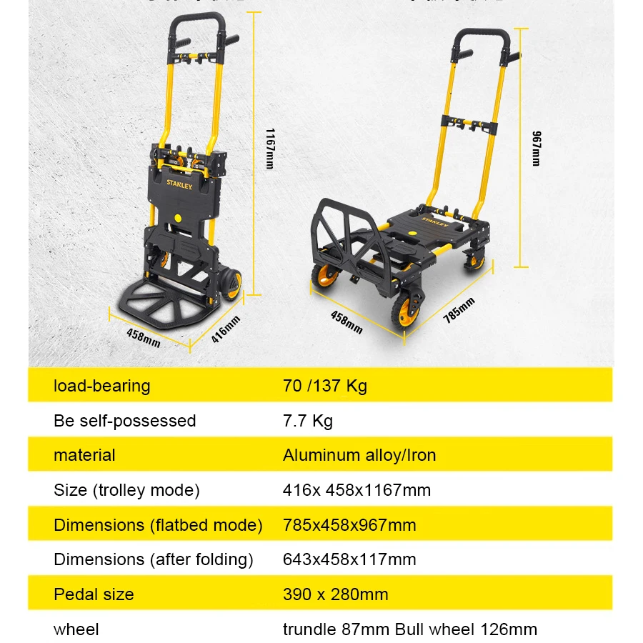 STANLEY STST0586T-23 2 in 1 Folding Trolley with Handle Trailer Shopping Trolley Portable Flat Trolley, 137kg. Weight Capacity