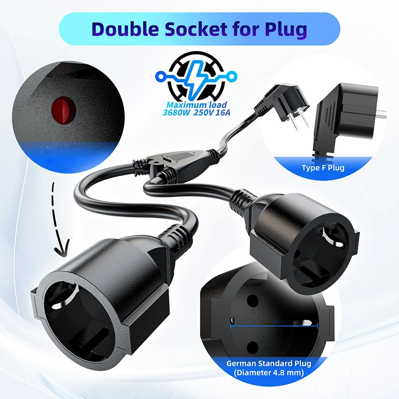 EU Power Splitter Cord 1X2 European EU Power Splitter Extension Cord Euro CEE7 Schuko to dual Female Schuko Extension Power Cord