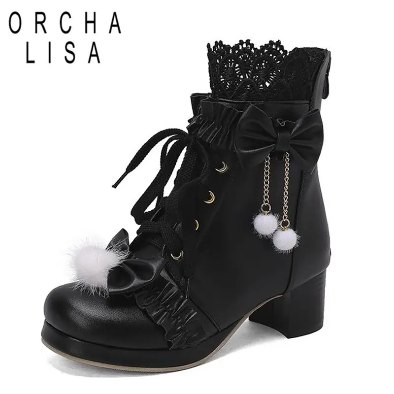 ORCHALISA Lolita Style Girls Boots Round Toe Block Heels 5cm Platform 1.5cm Zipper Lace Up Bowknot 32 33 47 48 Sweet Ankle Bota