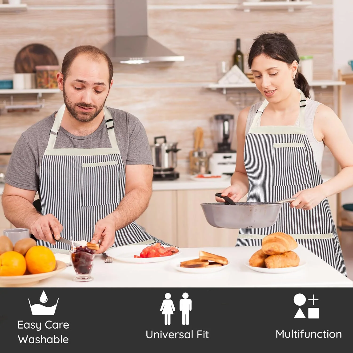 plus size 89cm Adjustable Apron with Pockets, Long Collar Design, Striped for Kitchen Cooking, Functional Wearable Kitchen Item