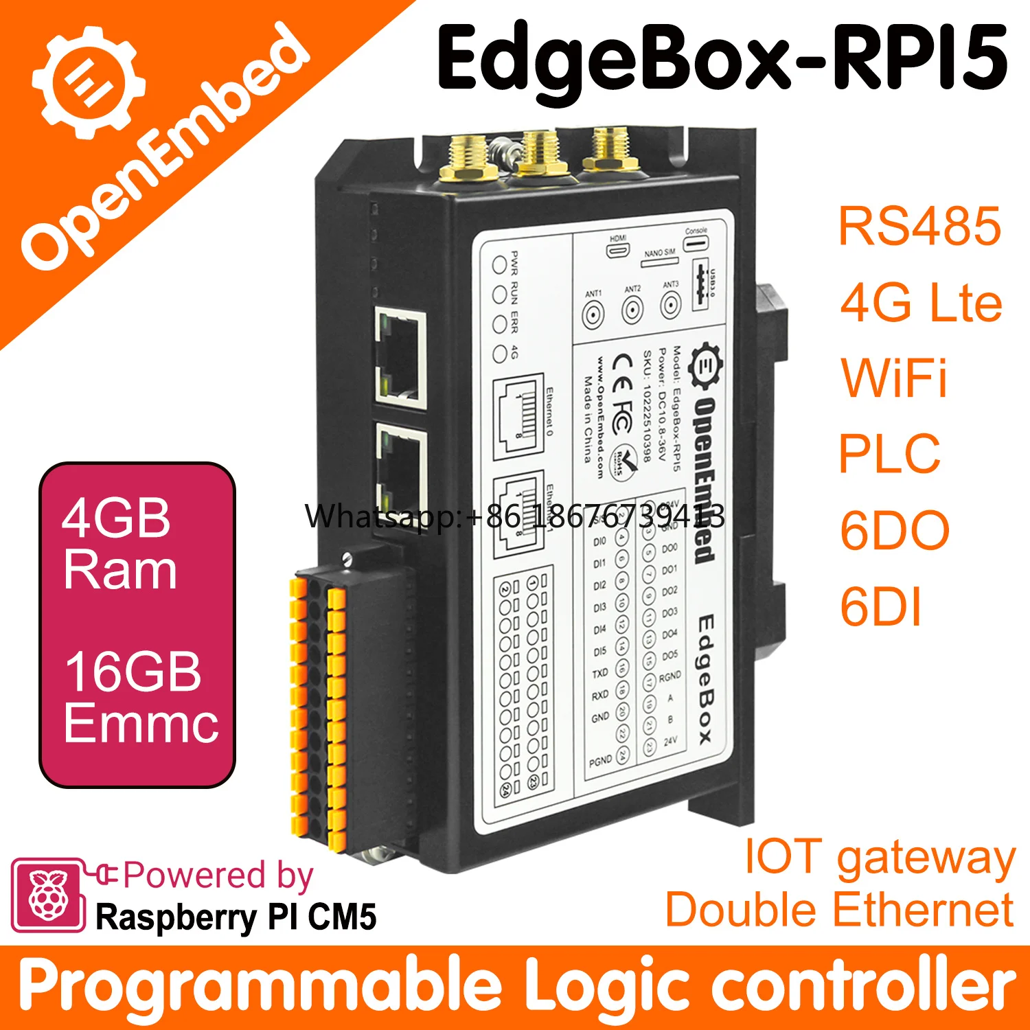 Customization PLC Motion Controller Edgebox-RPI5 Raspberry Pi CM5 WIFI 4G LTE RS485 6DI 6DO PLC Programming Automatic Control