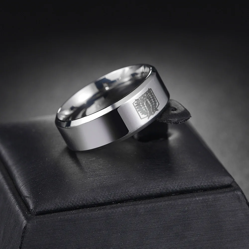8mm Attack on Titan Black Sliver Stainless Steel Ring Wings Of Liberty Flag Finger Rings For Men Women Charm Jewelry Anime Fans