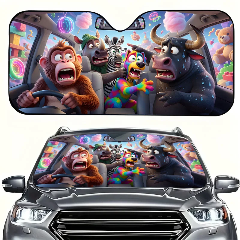 Funny cartoon animal driving pattern car front sunshade for sun protection and heat insulation