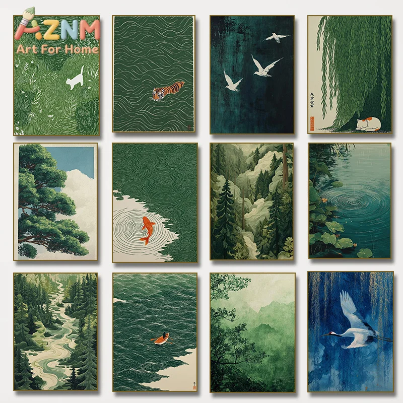 AZNM Green Japanese Forest Landscape Canvas Wall Art, Vintage Nature Tiger Koi Crane Print, Oriental Scenery Living Room Home De