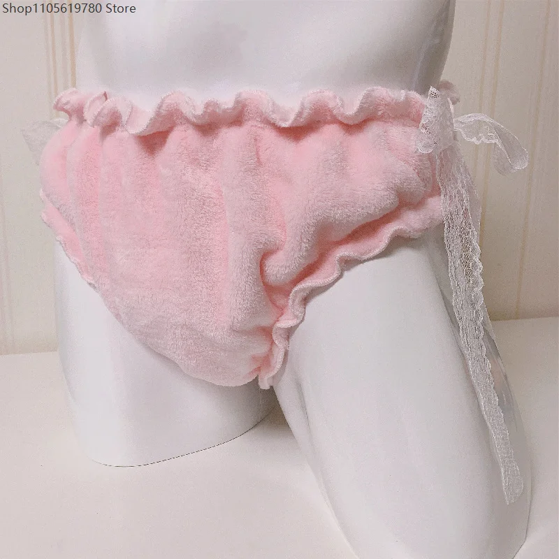 2026 Damen Sexy Rosa Flanell-Spitzen-Slips mit Schleife, Flauschig, Warm, Dick, Weich, Lolita-Höschen für Live-Shows, Tanz und Privatpartys