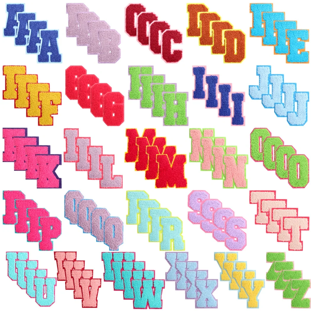 104Pcs Chenille Letter Patches Colorful Iron On Letter Patches DIY Self Adhesive Embroidered Sew On Patches For Clothing Bags