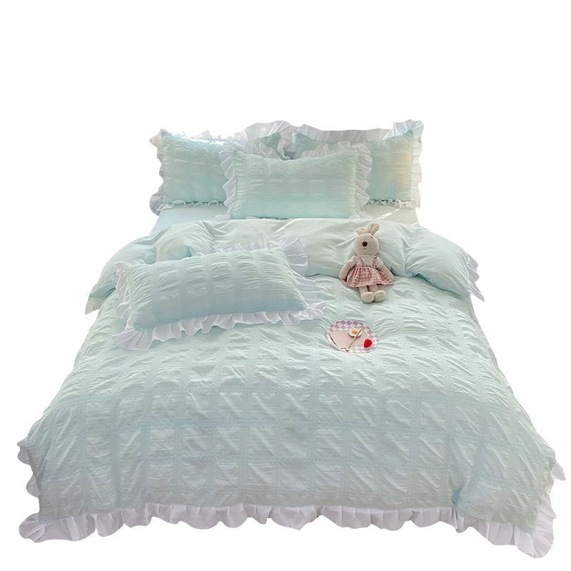 Korean Princess Seersucker Conjuntos de Cama para Meninas, Kawaii Ruffle Lace Saia de Cama, Capa de Edredão, Cor Sólida, Queen Size, Double Sheets Sets