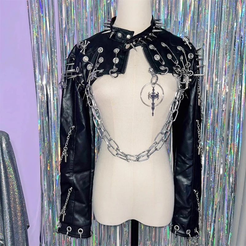 Original Design Y2K Hot Girl Punk Rivet Women's Short Jackets 2025 New Rock Retro PU Leather Sweet Cool Blouse Pin Coat Ladies