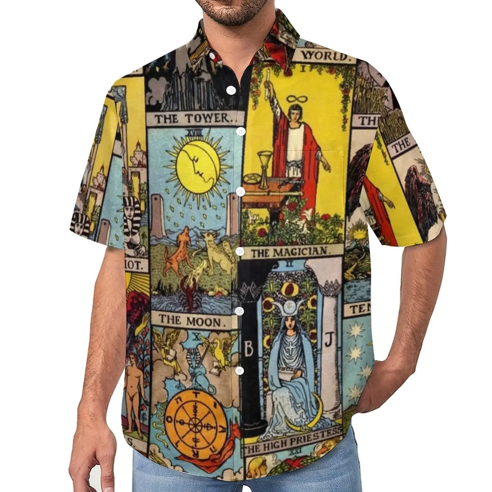 

Vintage Moon Vacation Shirt Tarot Art Collage Hawaiian Casual Shirts Male Trending Blouses Short Sleeve Custom Tops Big Size