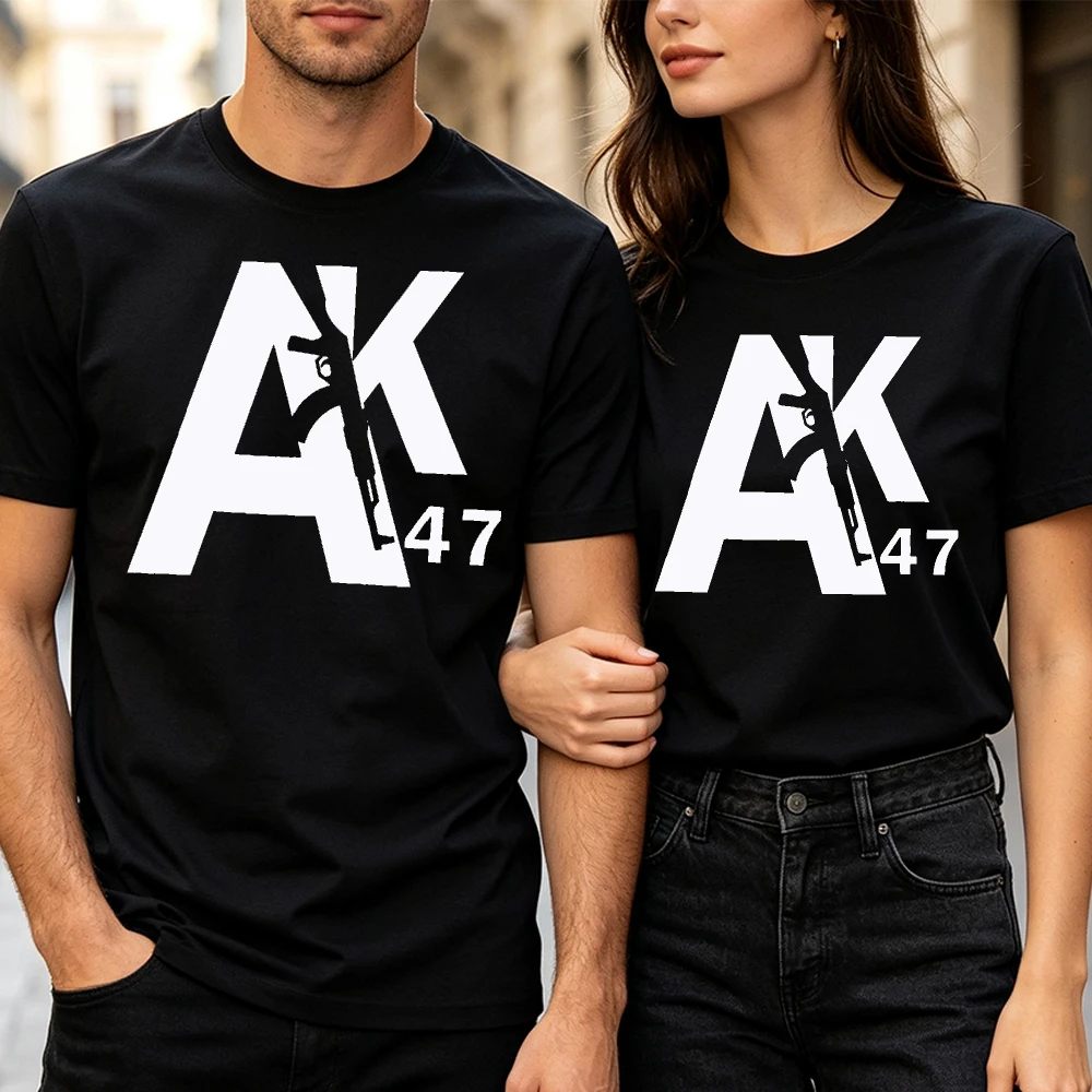 AK47 Negative Space Letter Rifle Silhouette Unisex Graphic T-Shirt Men Tactical Gun Enthusiast Summer Short Sleeve Casual Tops