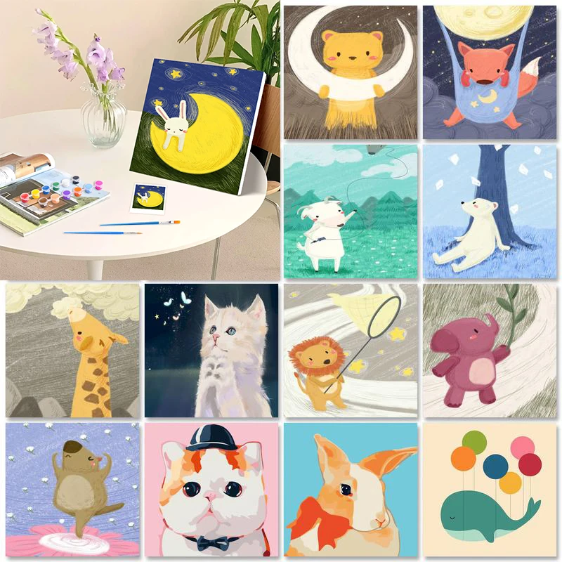 

20x20cm Framed Moon Animal Painting By Numbers Painting Decor Painting With Numbers Cartoon Modern Home Decor Canvas Painting