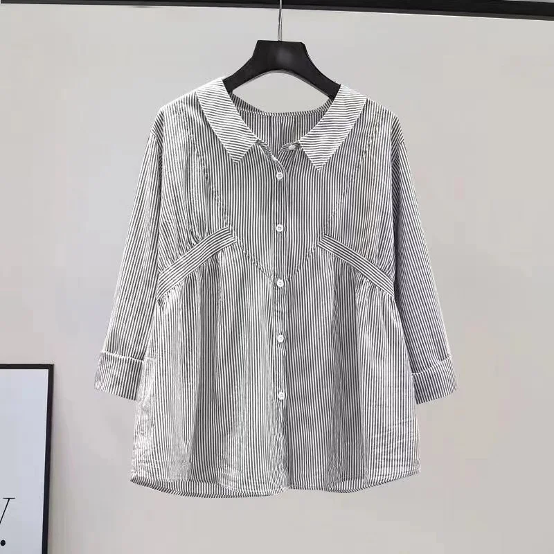 

Женская полосатая хлопковая блузка с длинным рукавом, приталенная, в корейском стиле, для повседневной носки, дышащая, с пуговицами и воротником