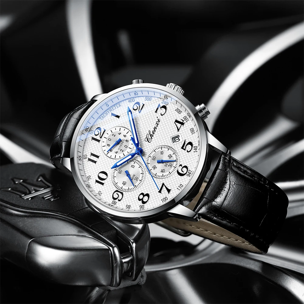 CHENXI Jam Tangan untuk Pria Jam Tangan Kuarsa Pria Multifungsi Jam Tangan Chronograph Pria Bercahaya Kalender Hadiah