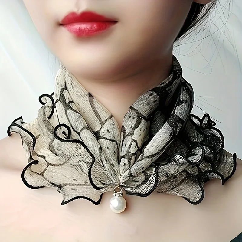 Bohemian style elastic mesh scarf, elastic sun-protective fake collar, with leggings and pearl decorations, versatile magic scarf suitable for all seasons