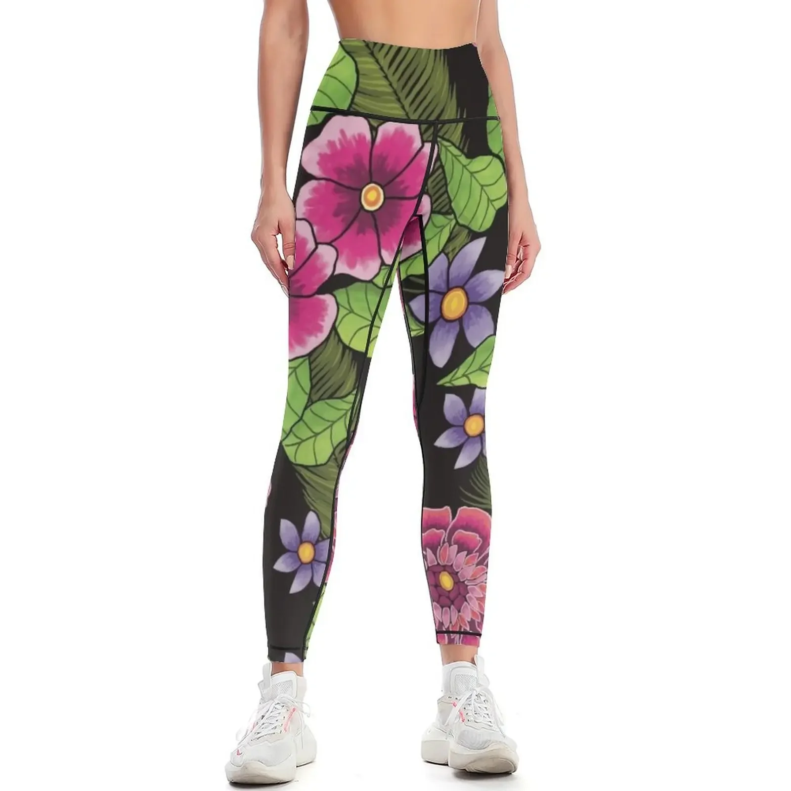 

Blooming in Pink Black Leggings high waist for girls leggins push up woman sport legging Womens Leggings