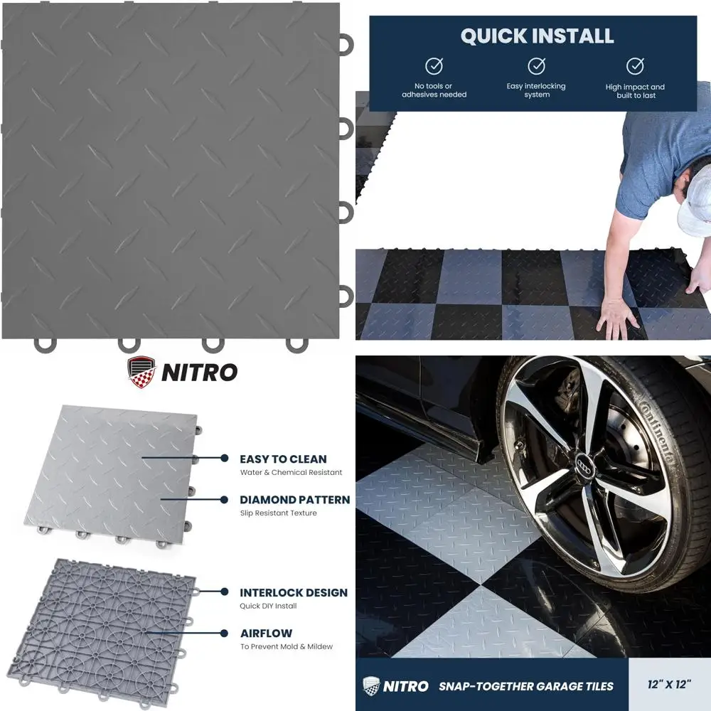 

Non-Slip Interlocking Plastic Garage Floor Tiles, 12x12 Snap-Together Tiles for Garage Organization and Safety