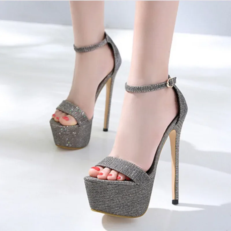 Women's Sandals 2023 Summer New 16cm Super High Heel Sequined Cloth Ankle Strap Stiletto Platform Sexy Girls Party Prom Shoes