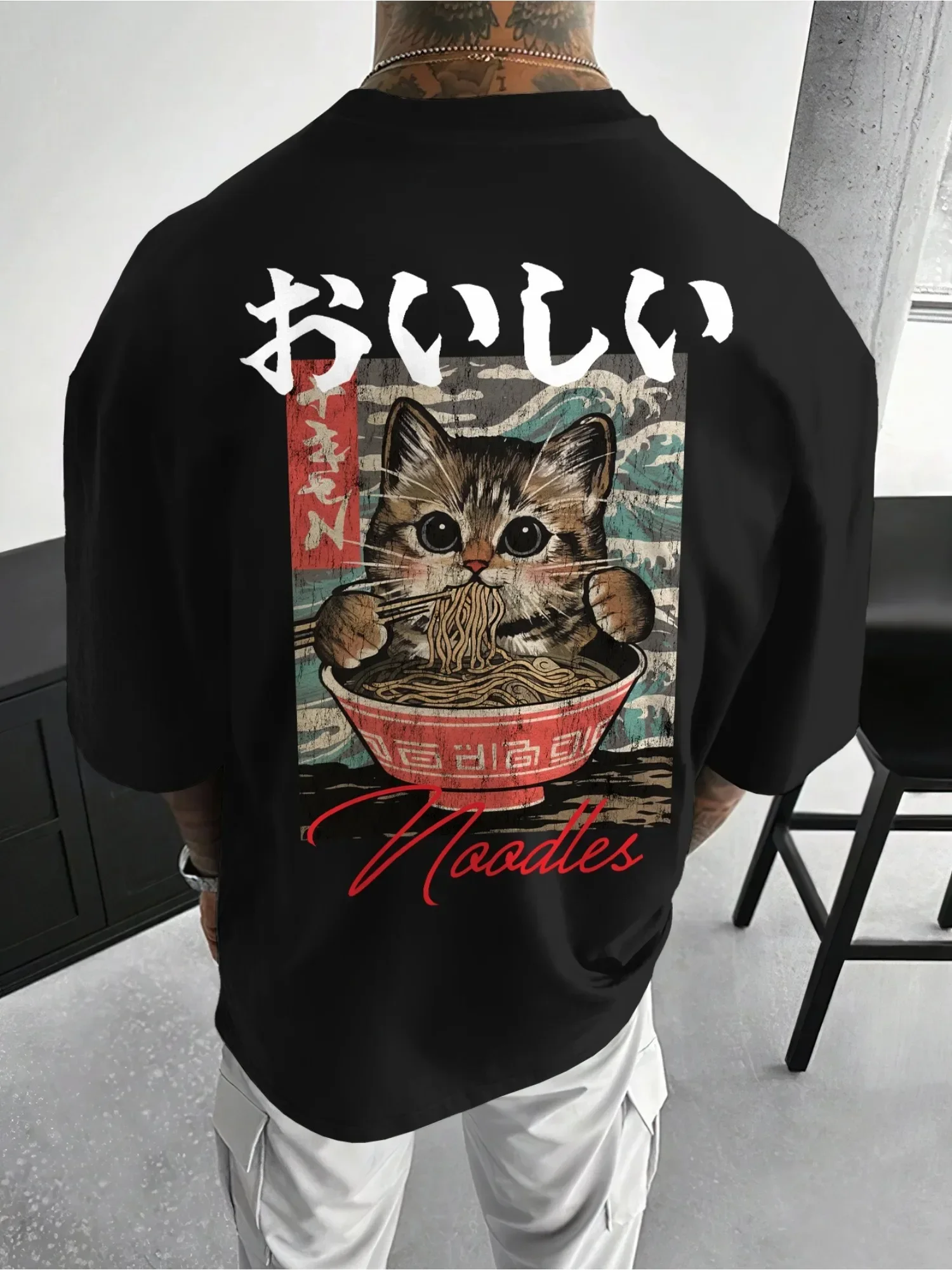 Cat Eating Ramen Noodles Graphic T-Shirt Men Women Streetwear Short Sleeve Cotton Kawaii Aesthetic Casual Tee Tops
