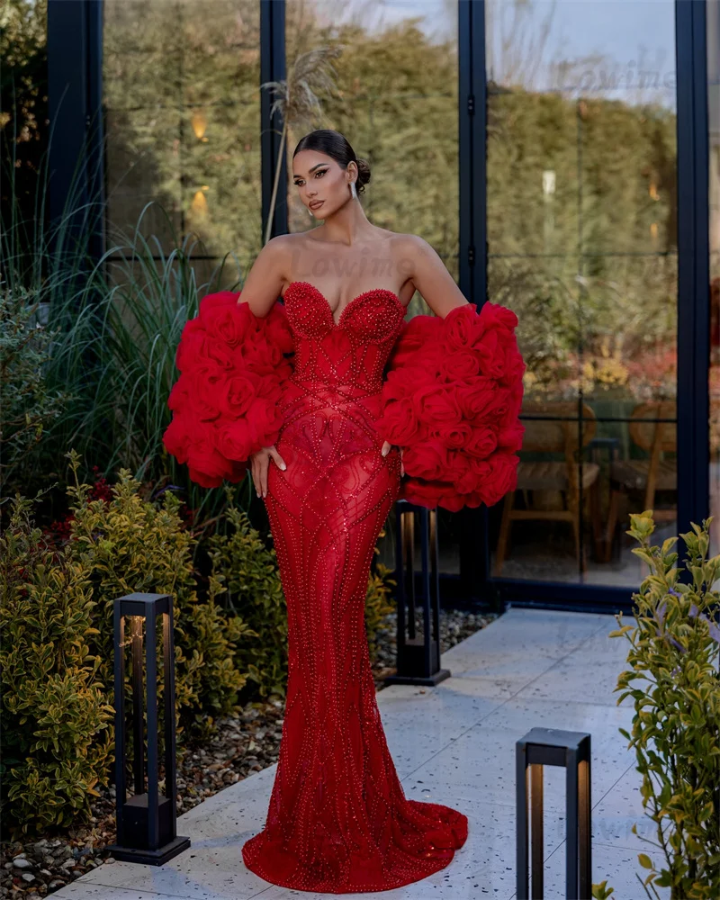 2025 Customized Red Long Prom Dresses Handmade Flowers Cape Beaded Mermaid Evening Dress For Formal Occasion Wedding Party Dress