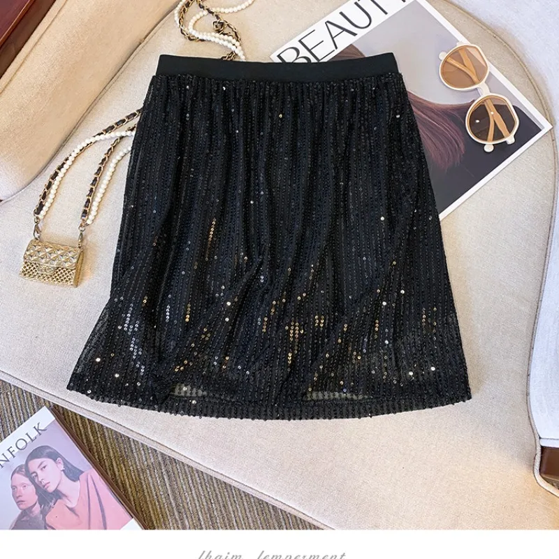 2024 Women's New Elastic High Waist Fashionable Sparkling Sexy Solid Color Slim Elegant Versatile Hip Wrap A-line Casual Skirt