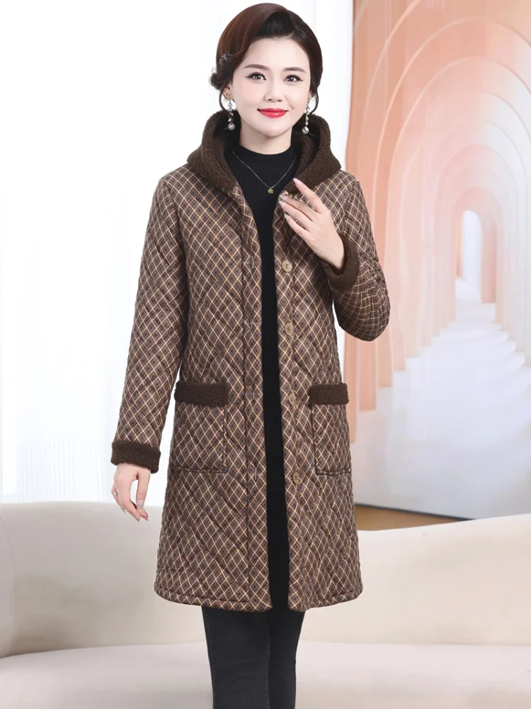 حجم كبير Fce اصطف منتصف طول Jaet المرأة الدفء الرجعية Sle تخفيف طويل Sve ملابس خارجية الشتاء مقنعين سترات