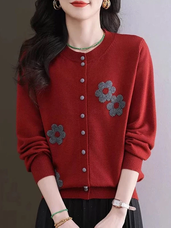 Women's Knitted Open Cardigan round Neck Floral Embellished Light Outerwear Casual Loose Fit Long Sleeve Polyester Fiber