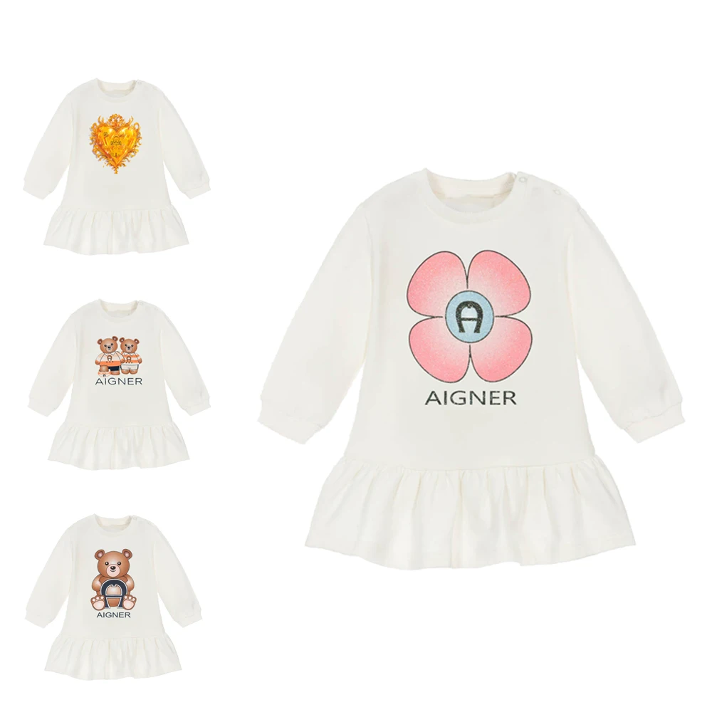 

Sweet beauty baby outfit autumn new cartoon print dress pure cotton round neck long sleeved white girls' casual dress