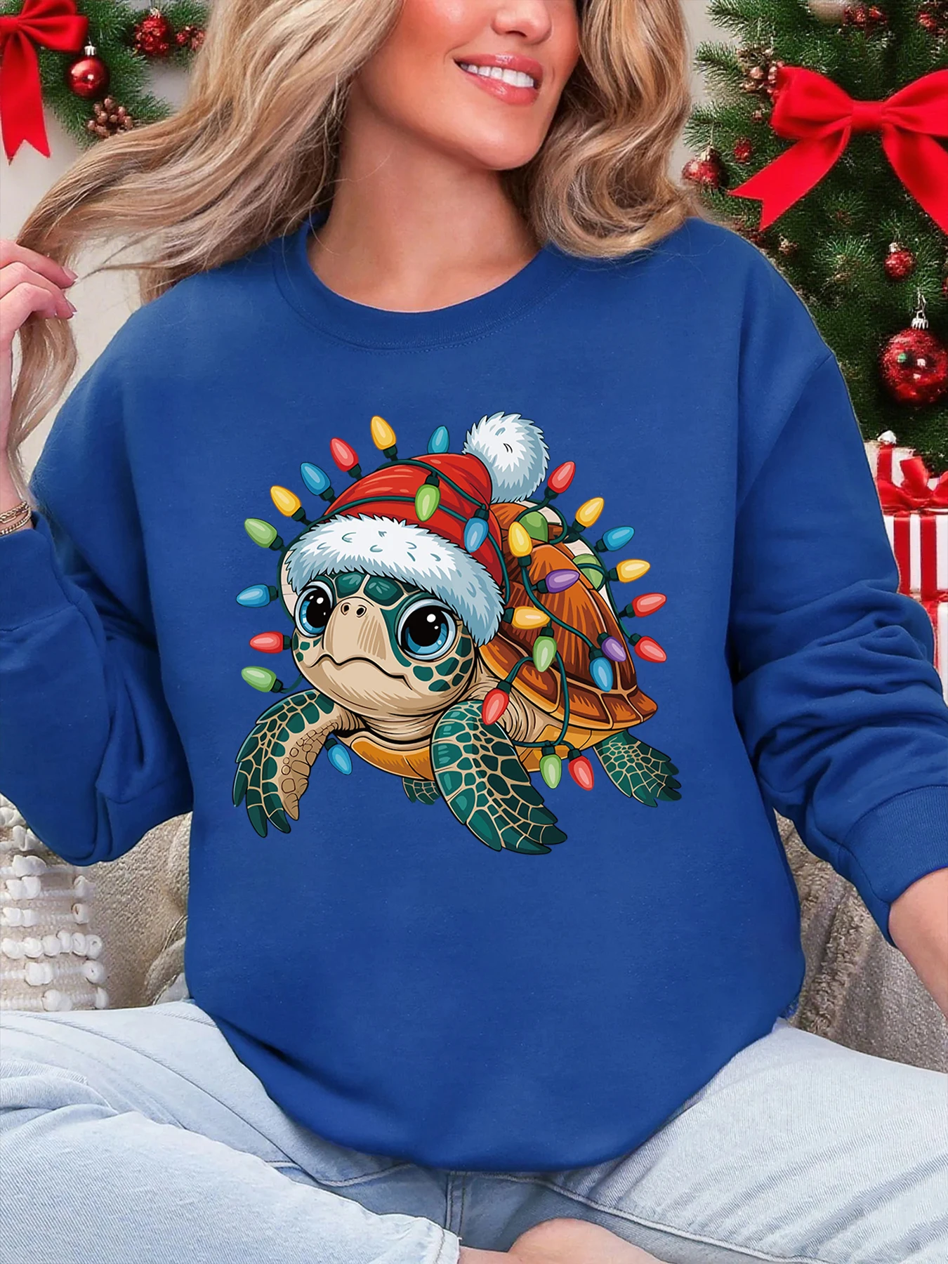 

Рождественский фонарь с принтом черепахи, женская одежда, повседневные теплые толстовки, осенне-зимние пуловеры, свободная уличная одежда