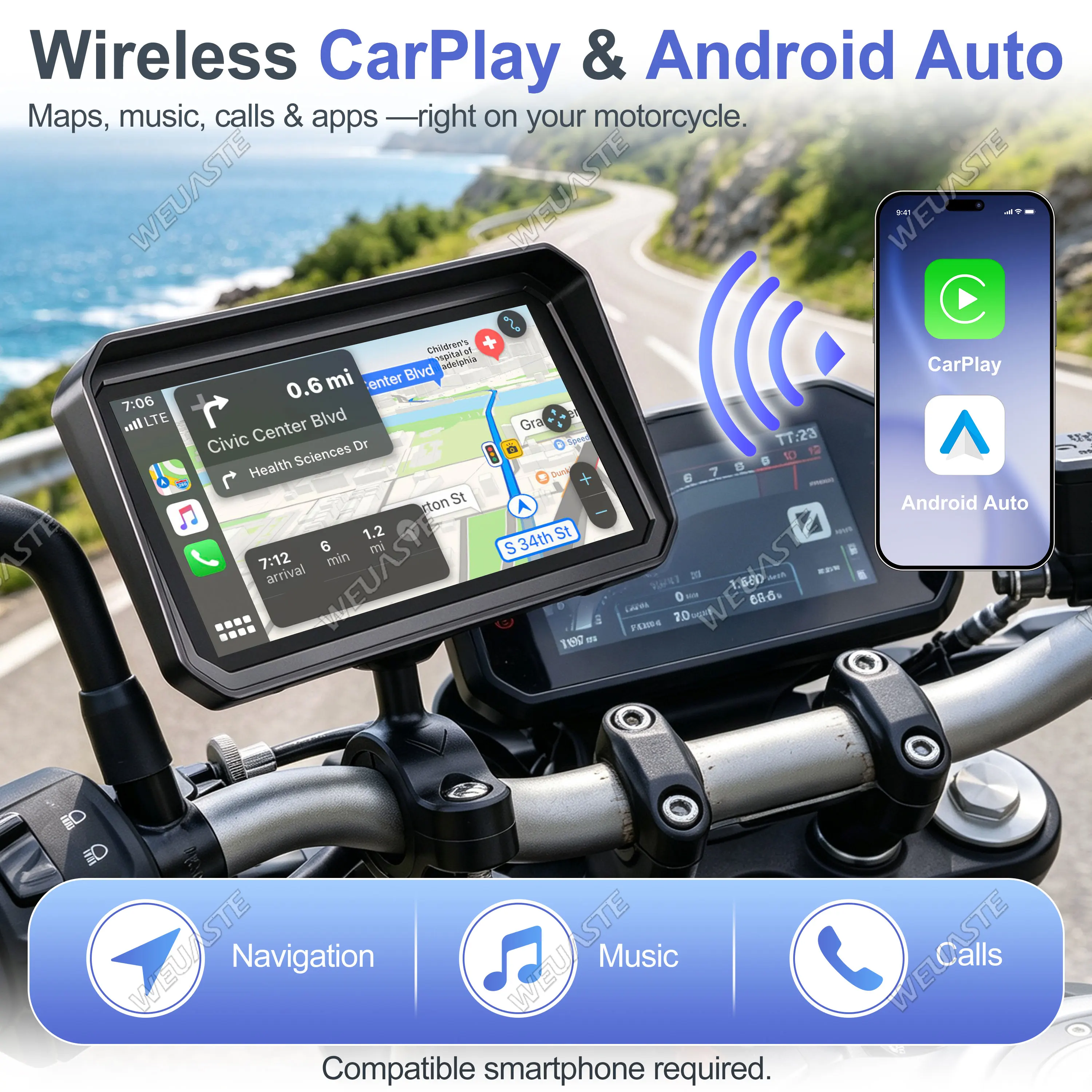 WEUASTE 6 inch Motorcycle GPS Navigator with Wireless CarPlay and Built-in GPS for Remote Location Tracking