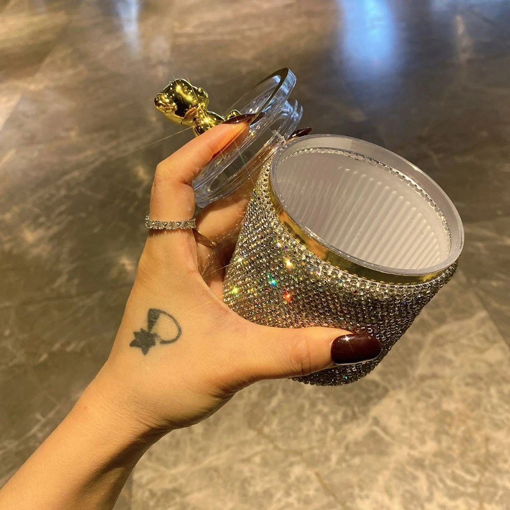 Sparkling Diamond Toothpick Box With Bear Lid Cotton Swab Storage Case Storing Cotton Swabs Dental Floss Toothpick Jar Organizer view 4