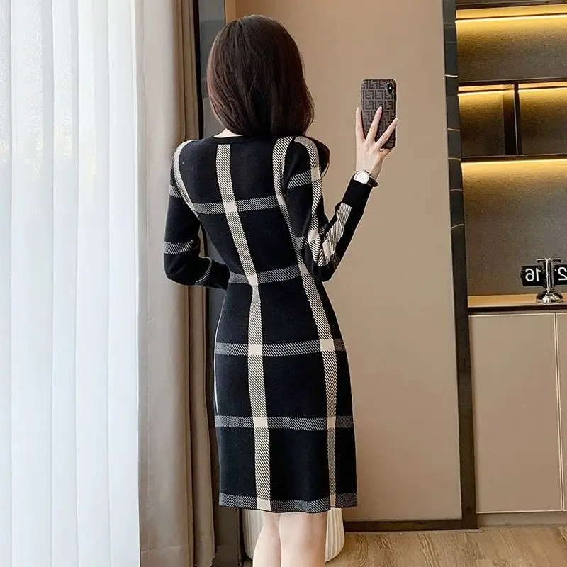 2023 New Autumn Winter Thin Casual Long Sleeve Pullovers Ladies Buttons Dresses Fashion Interior Lapping Slim Women\'s Clothing