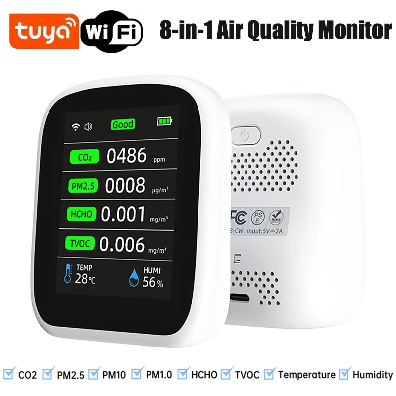 

Умный Wi-Fi CO2-метр UYA: Цифровой измеритель качества воздуха, температуры и влажности, детектор углекислого газа, TVOC, HCHO, PM2.5, PM1.0, PM10