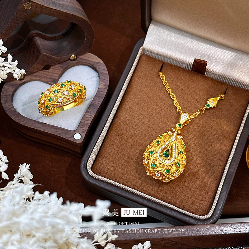 Luxury 24K 9999 Pure Gold real gold Women's Tang Palace Culture Pipa Pendant Necklace Set Chain Ring